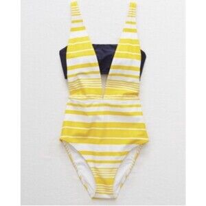 NWT Aerie V-Neck Full Coverage Layered One Piece Swimsuit Medium Yellow Navy
